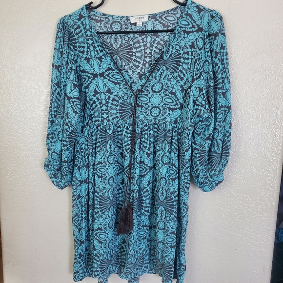 UMGEE Blue Paisley Bohemian Peasant Mini Dress - Picture 1 of 4